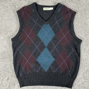 Vtg LL Bean Sweater Mens L 100% Scotland Wool V-Neck Argyle Pullover Cabincore